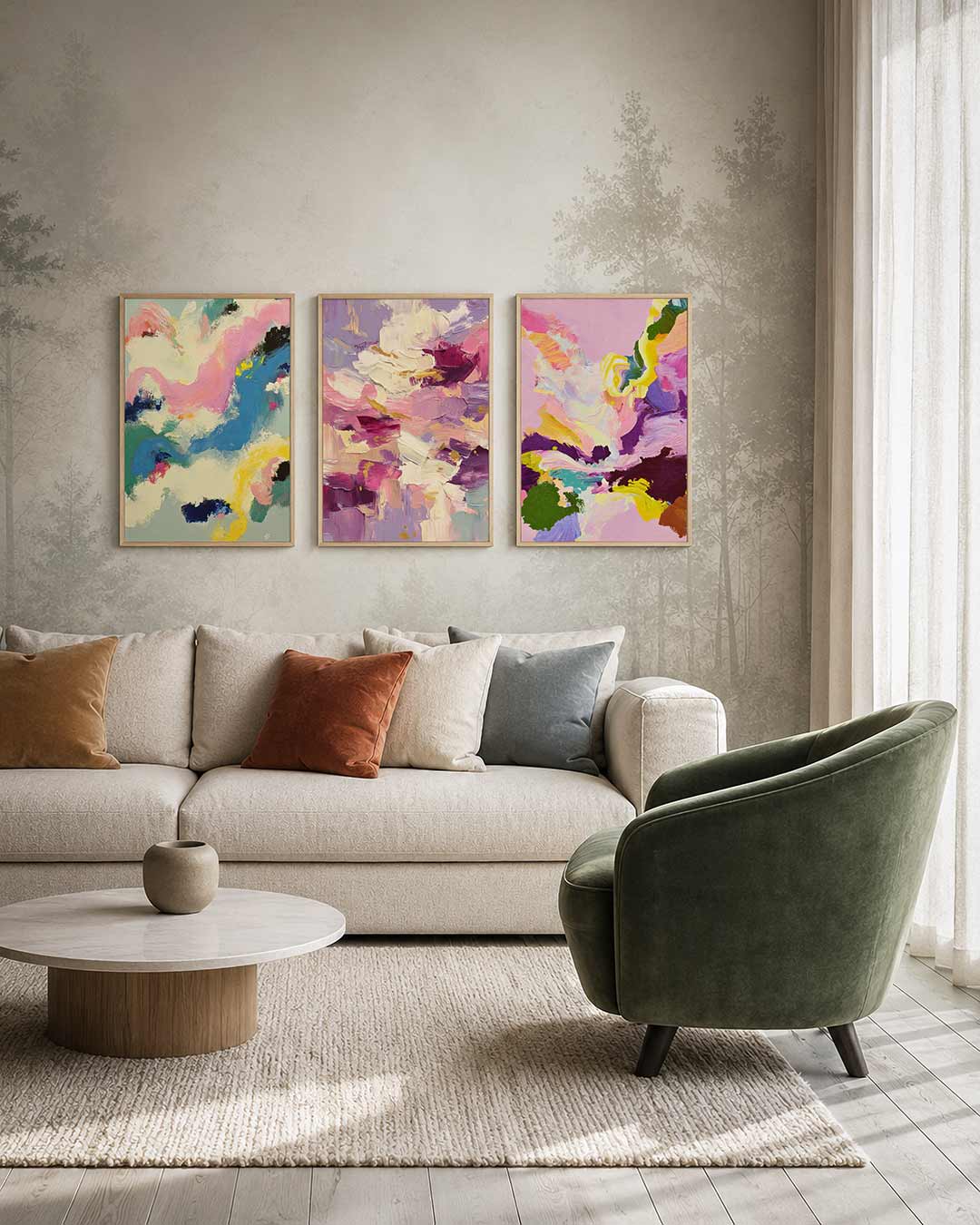 Kleurrijke vormen driedelige posterset – deze posterset in drie delen toont een speels lijnenspel