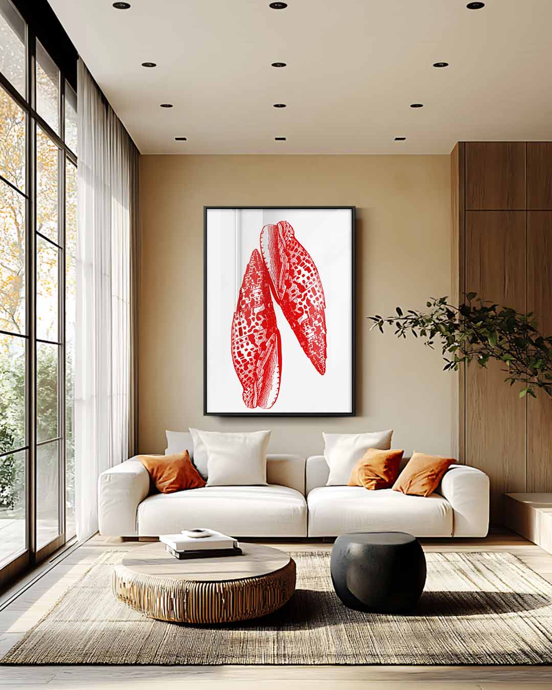 Rode Zee Schelpenprint – staand kunstwerk voor modern interieur