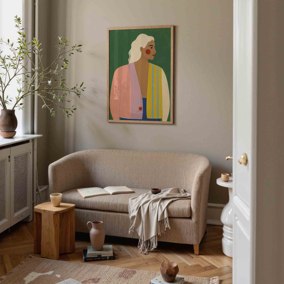 Vrouwelijk profiel met kleurrijke kleding – illustratie poster in staand formaat