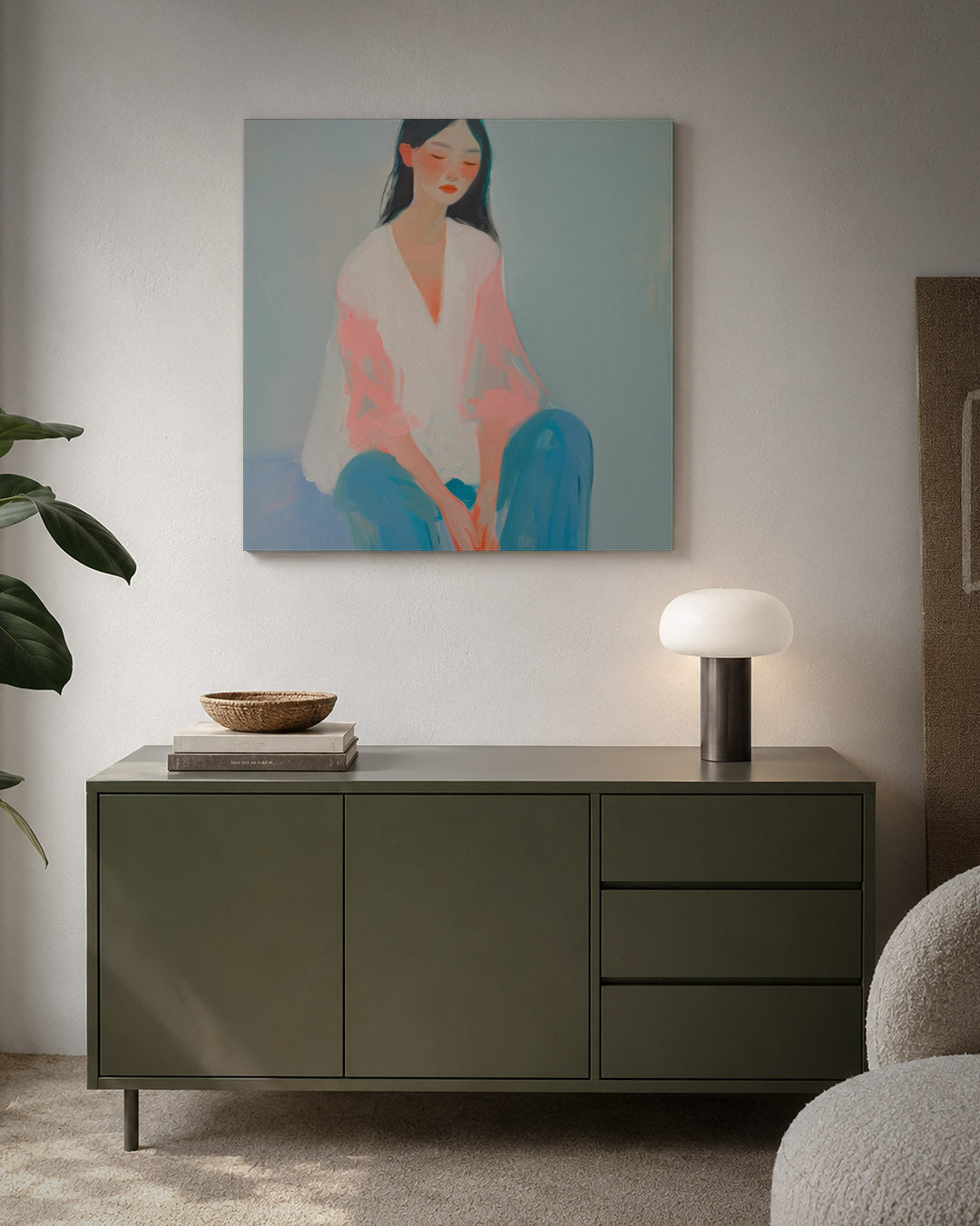 Dromerige vrouwenzitting kunstwerk – detailweergave – dit werk toont een vrouw in een serene pose met zachte kleuren. De