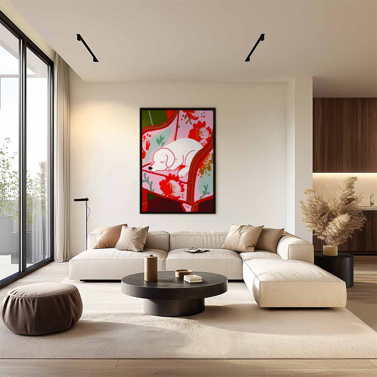 Dromerige Pup op Bloemenstoel – staand kunstwerk voor modern interieur