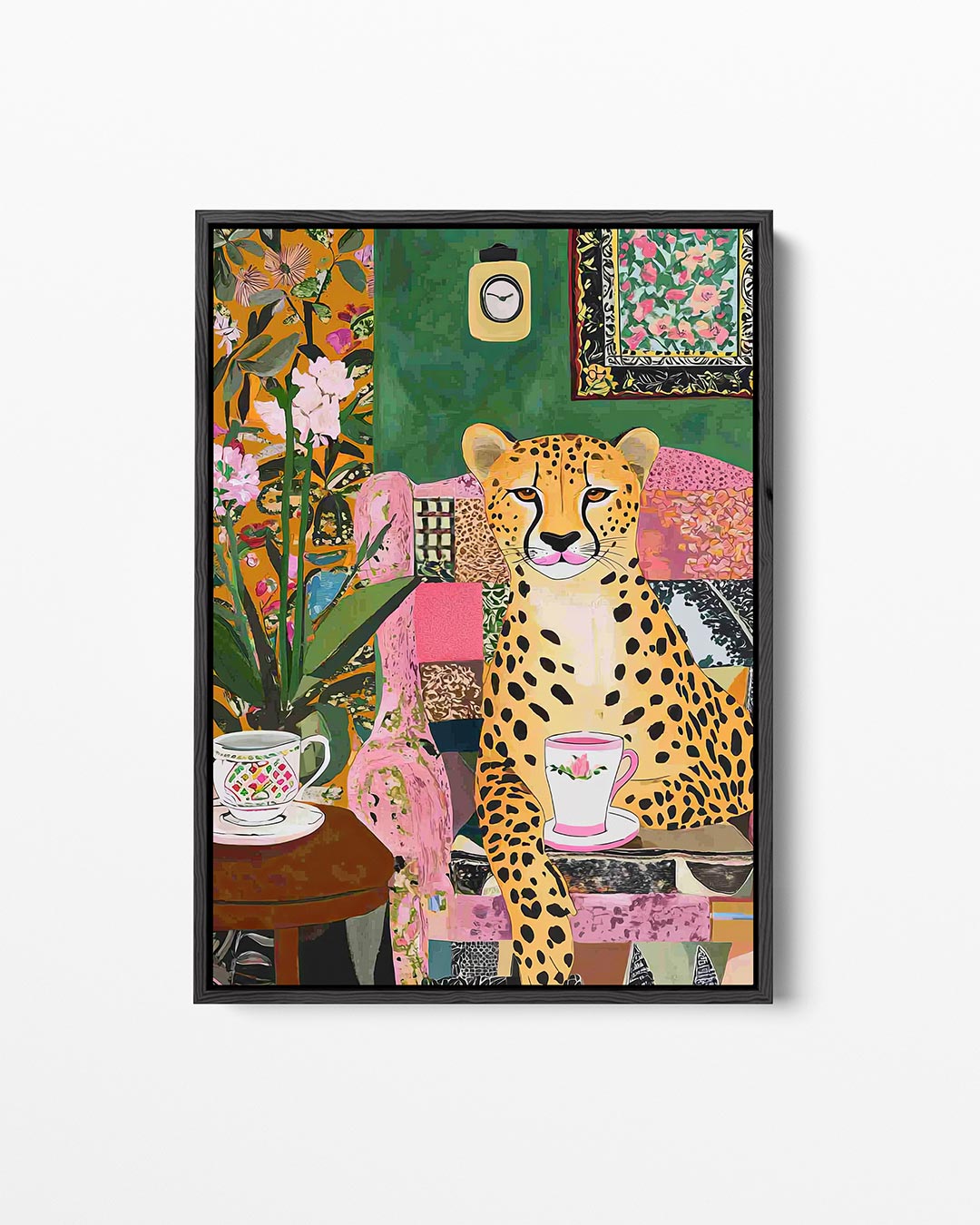 Luipaard met theekopje – staand wanddecoratie kunstwerk