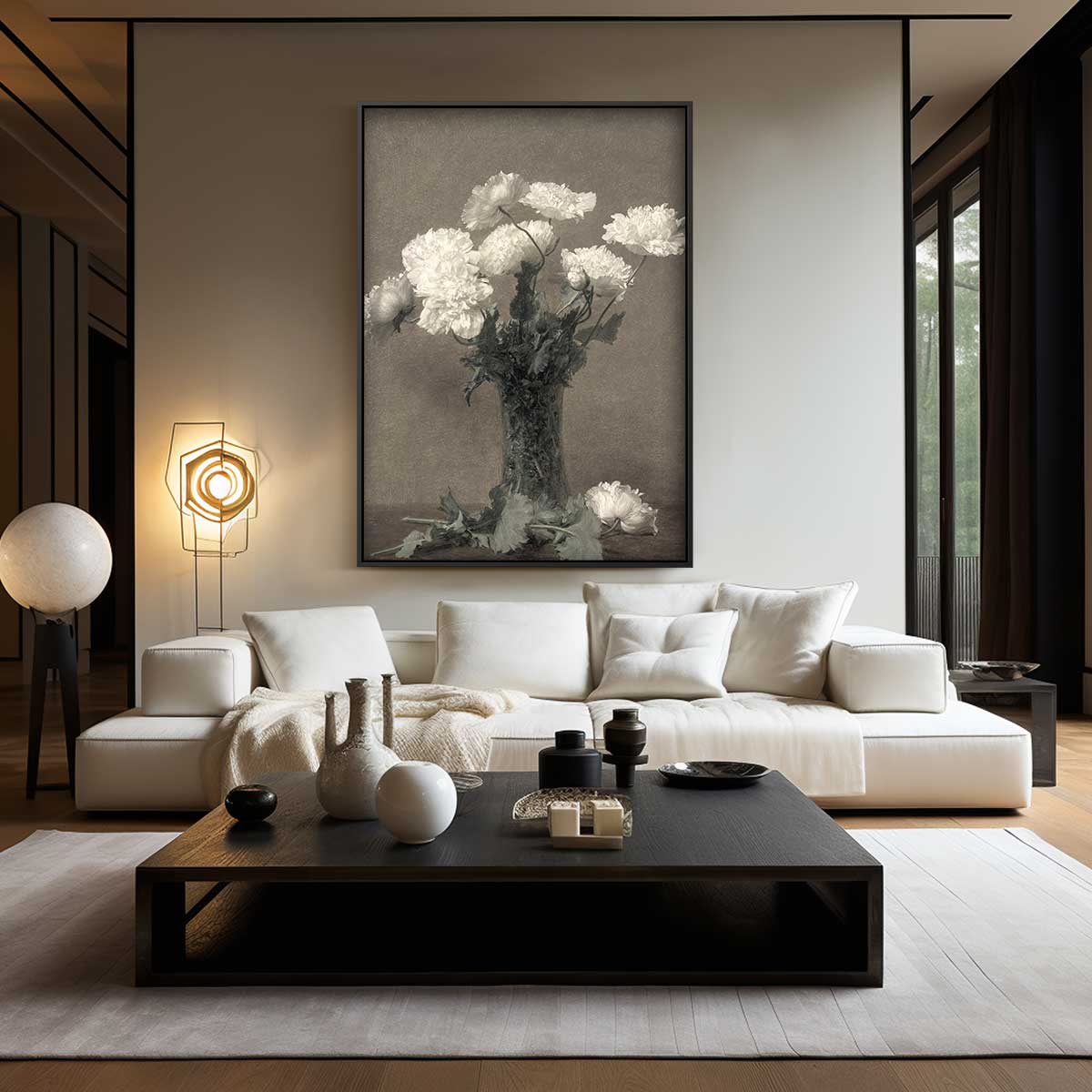 Witte Bloemenpracht in Glazen Vaas – staand kunstwerk voor modern interieur
