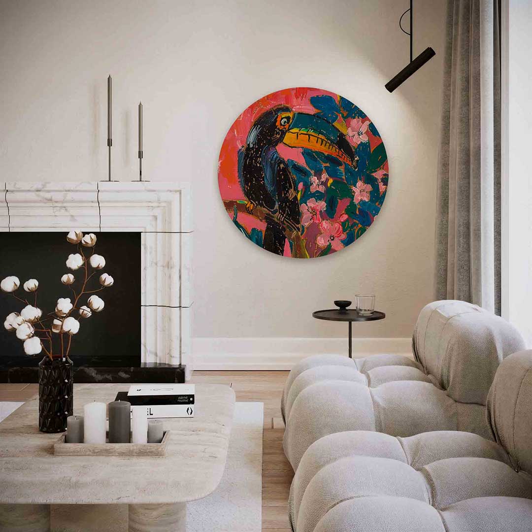 Toekan en bloemen – abstracte textuur muurcirkel als wanddecoratie