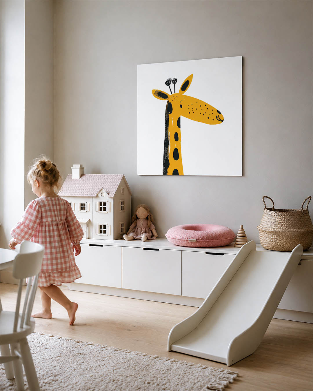 Vrolijke giraffe illustratie kunstwerk – tweede productweergave – dit kunstwerk toont een speelse giraffe met een lange nek