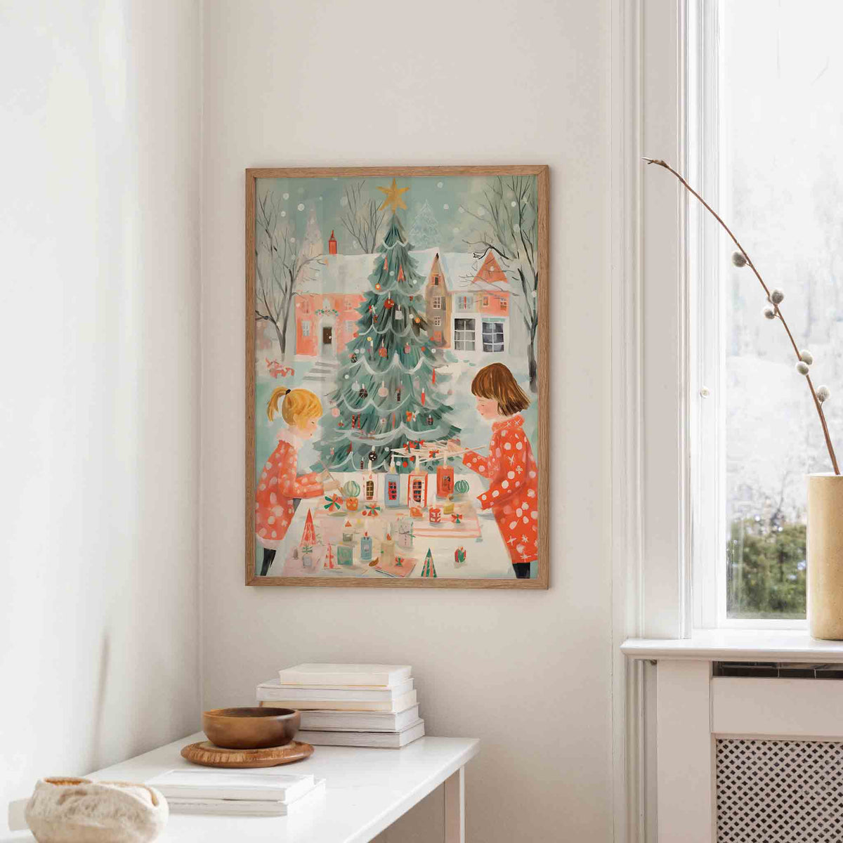 Kinderen versieren kerstboom – staande kerst wanddecoratie van WallArtistic