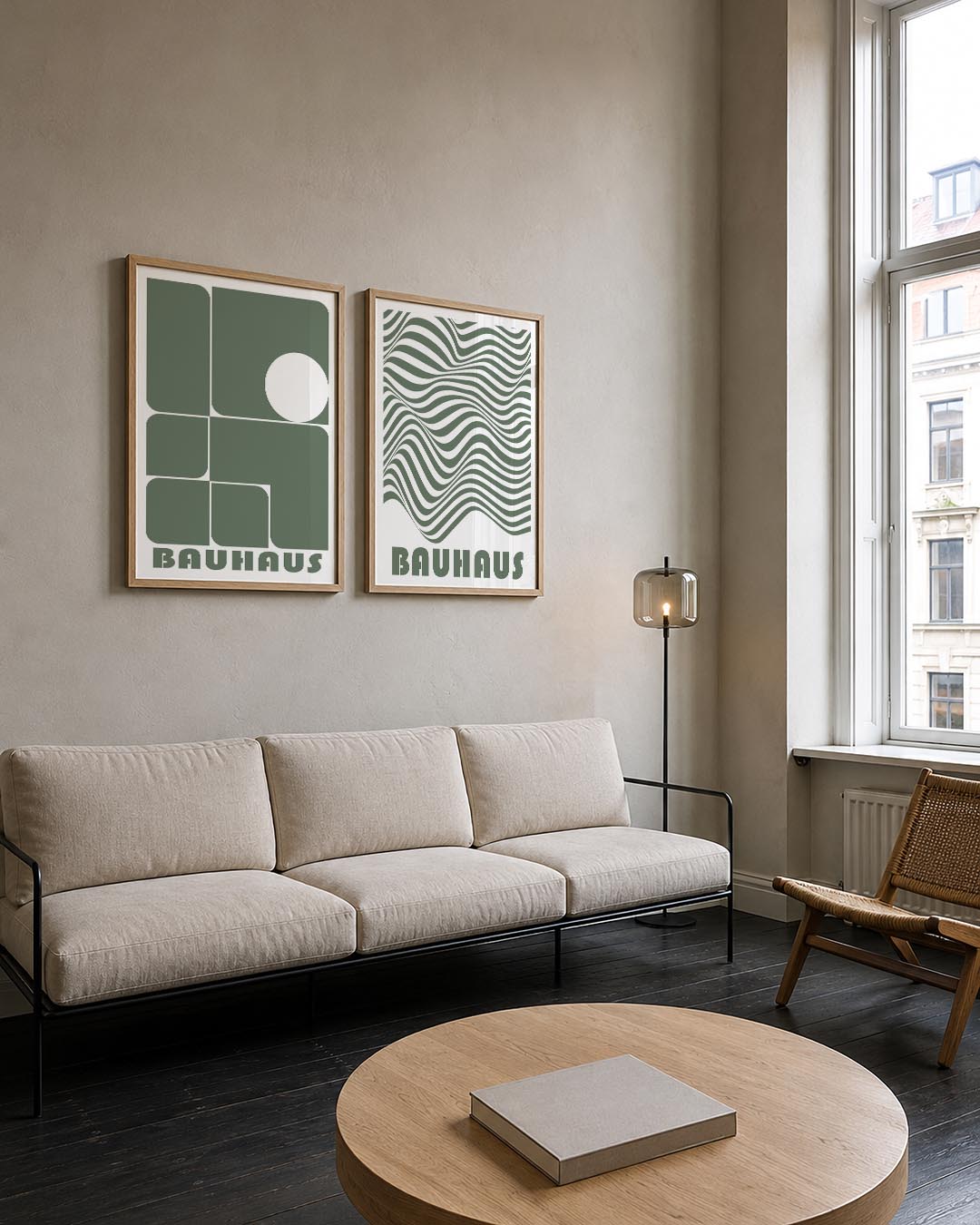Vorm en balans Posterset-Bauhaus-geïnspireerde geometrische posters in een modern interieur