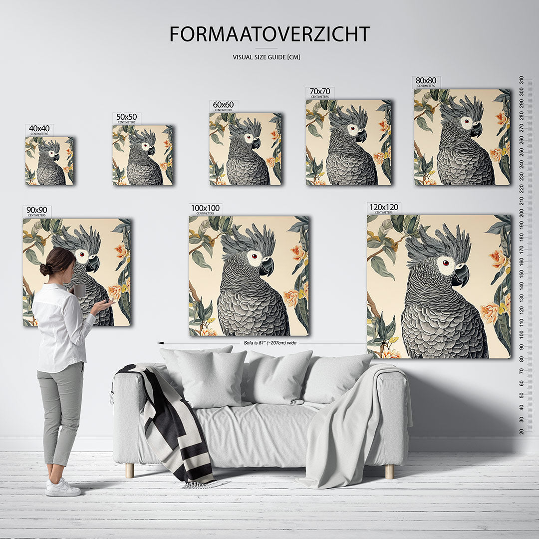 Exotische vogel illustratie kunstwerk – dit werk toont een gedetailleerde vogel met grijze veren en een opvallend rood oog