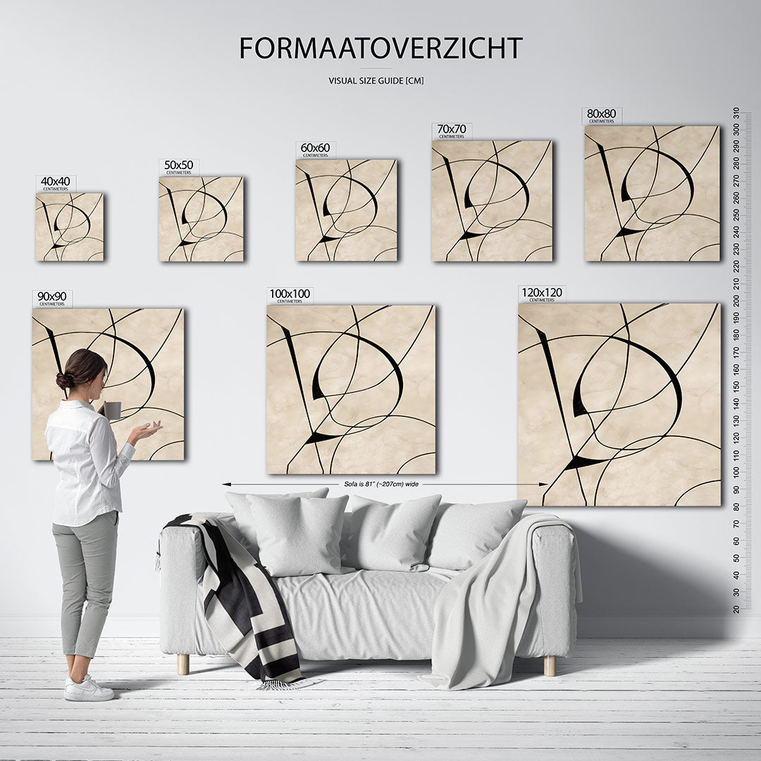 Organische lijnen kunstwerk – materiaalweergave – dit werk toont vloeiende zwarte lijnen op een beige achtergrond, met een