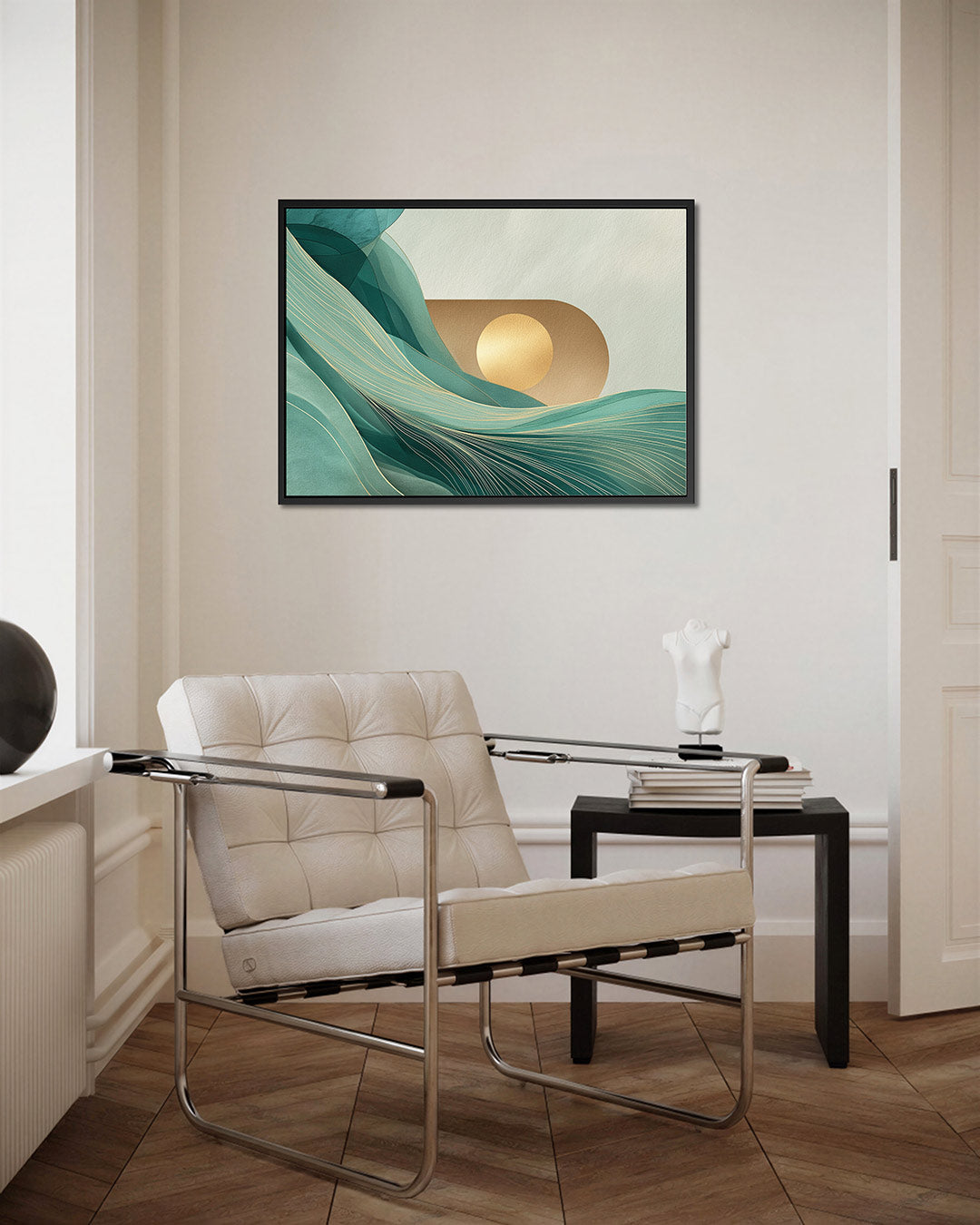 Golvende lijnen en cirkel – kunstwerk op canvas, dibond of plexiglas