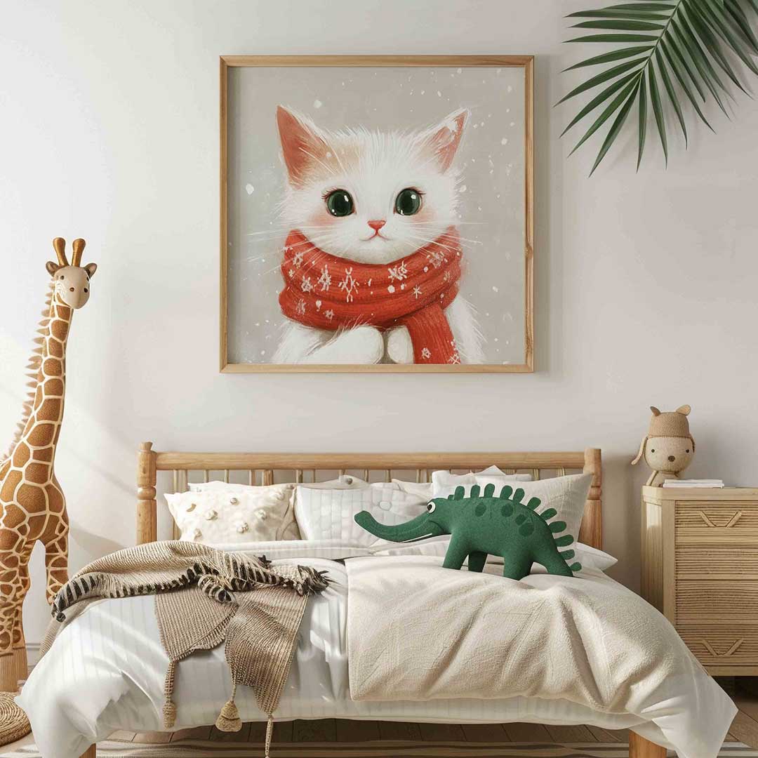 Kat met rode sjaal – vierkante kinderkamer wanddecoratie van WallArtistic