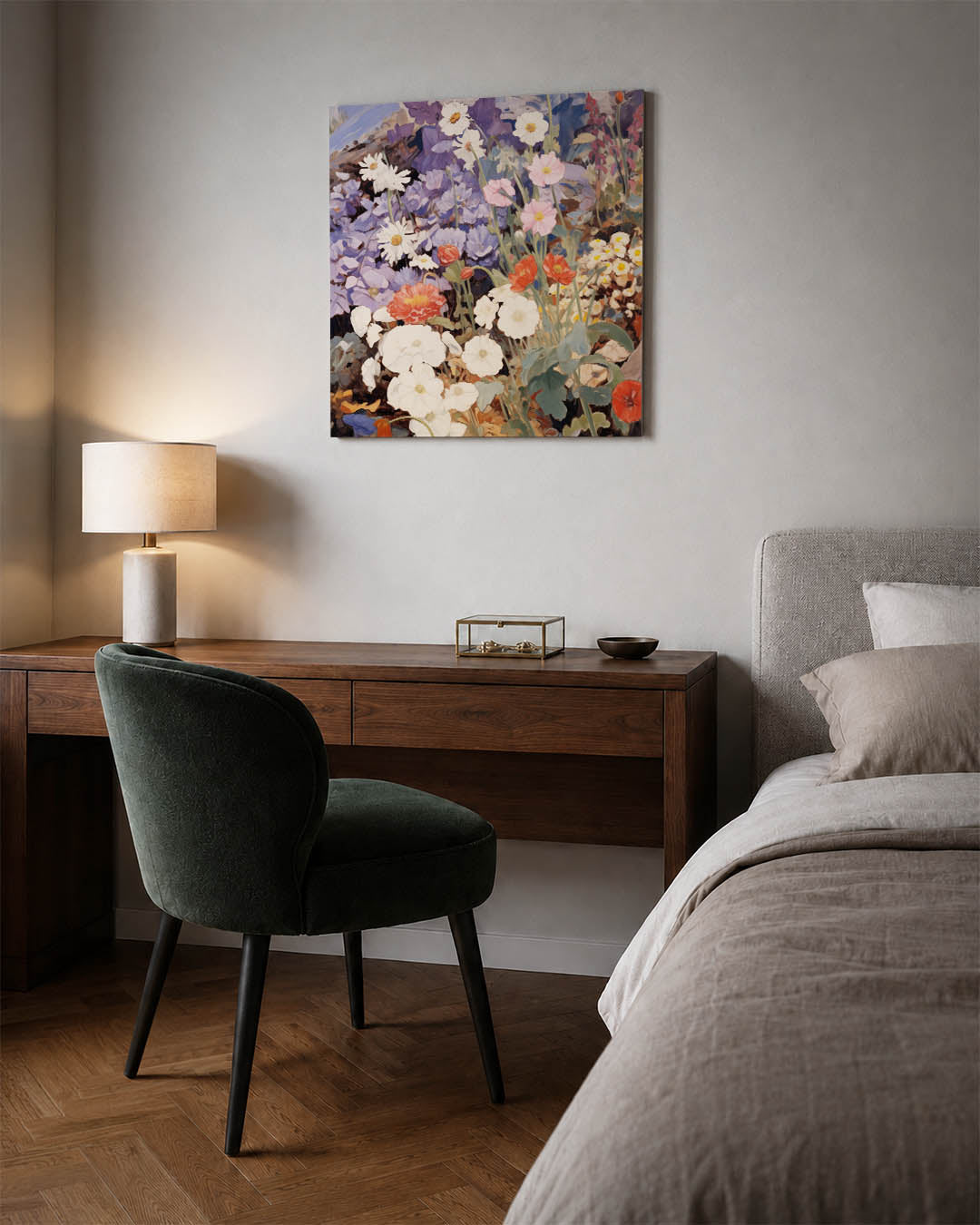Bloemenpracht kunstwerk – materiaalweergave – dit kunstwerk toont een weelderige verzameling bloemen in diverse kleuren. De