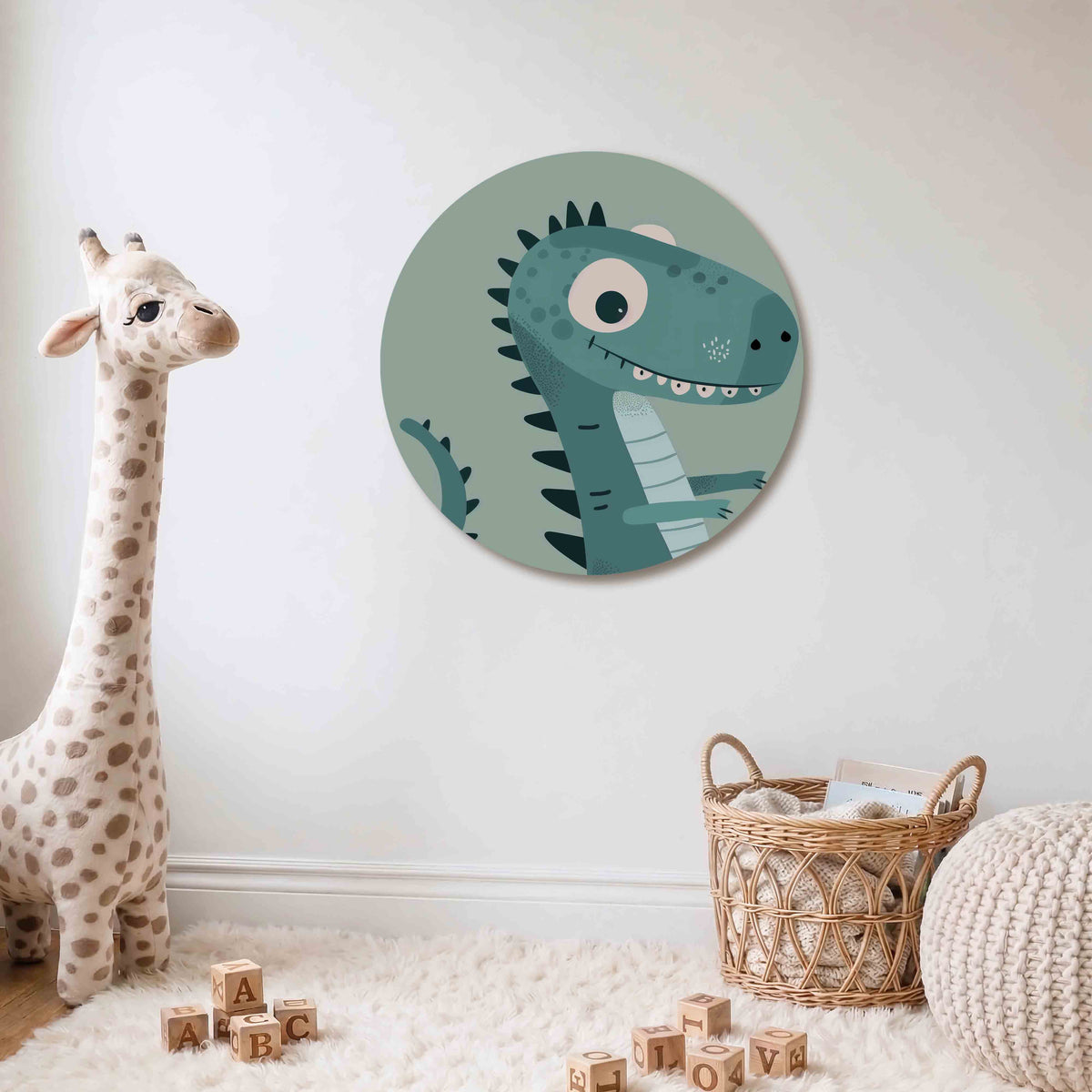 Blauwe dinosaurus Muurcirkel – Een speelse dinosaurus in verschillende tinten blauw met zwarte accenten.