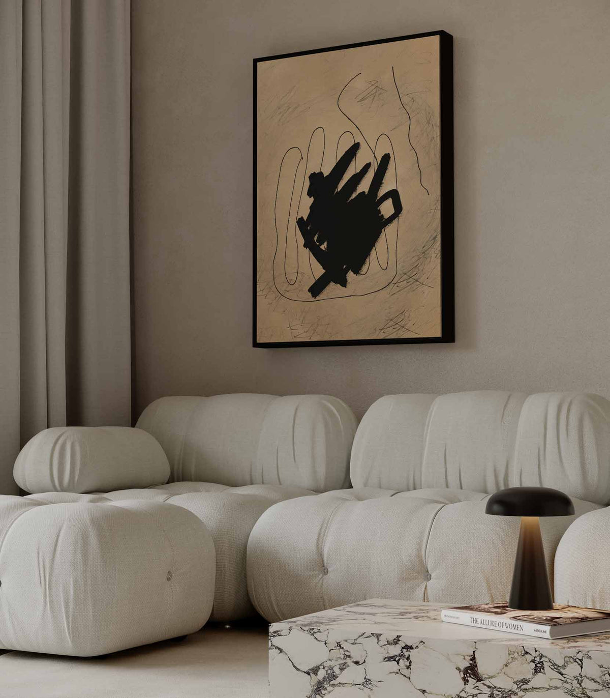 Abstracte Expressie in Zwart en Beige – plexiglas wanddecoratie in portret formaat