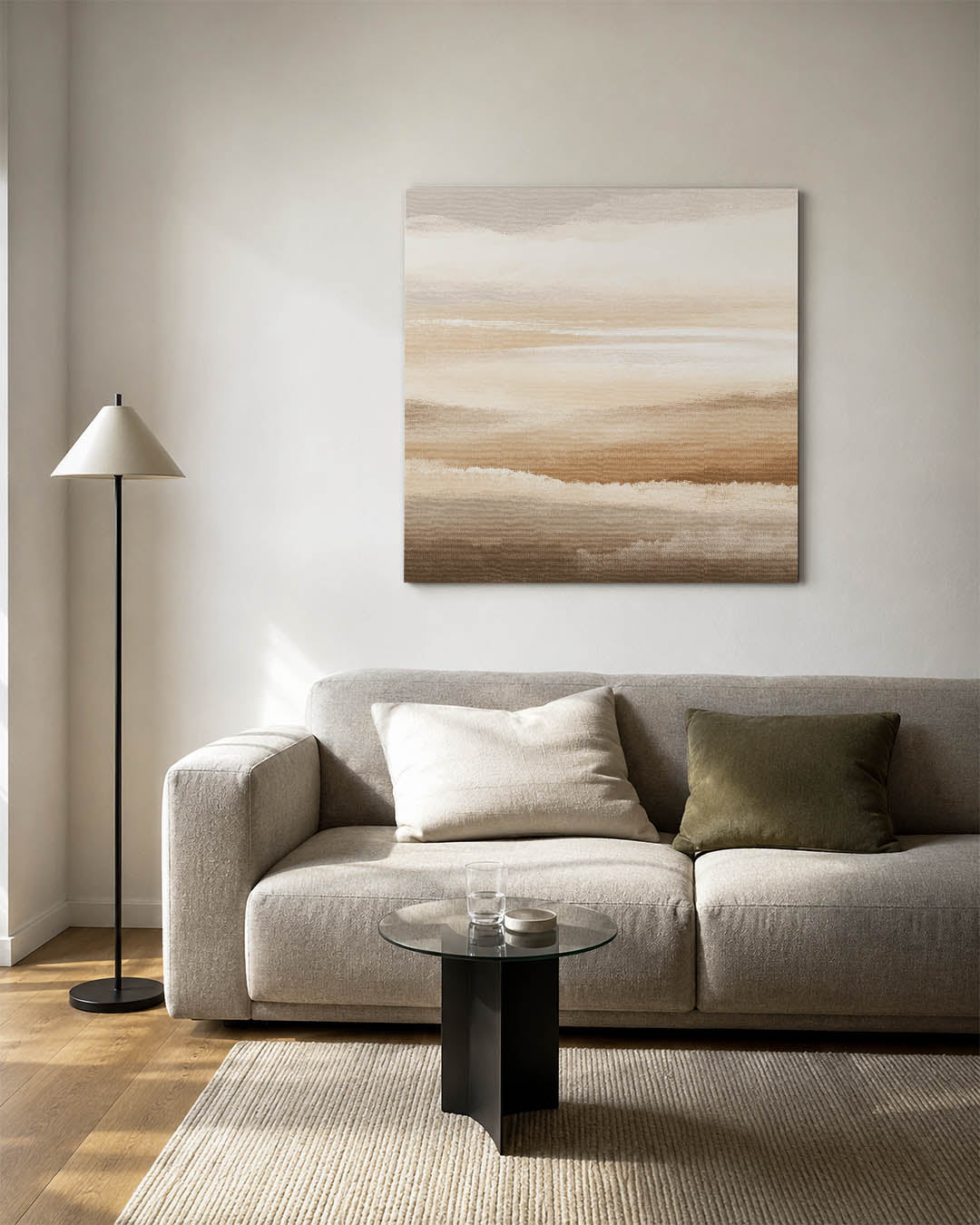 Zachte horizontale lijnen kunstwerk – vierkante wanddecoratie – dit werk toont vloeiende horizontale lijnen in zachte beige