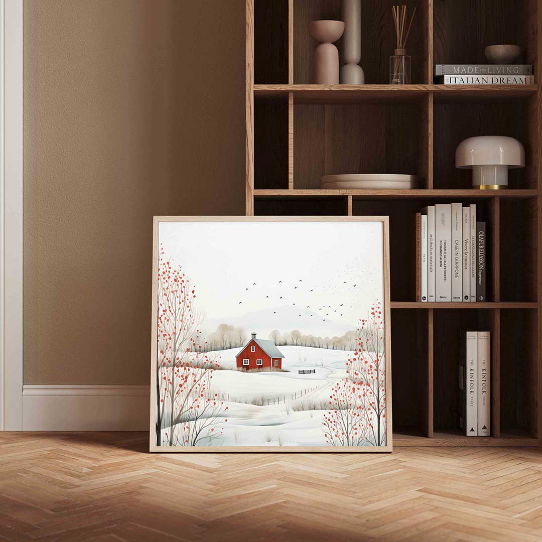 Landschap met rode schuur – kerstposter in vierkant formaat
