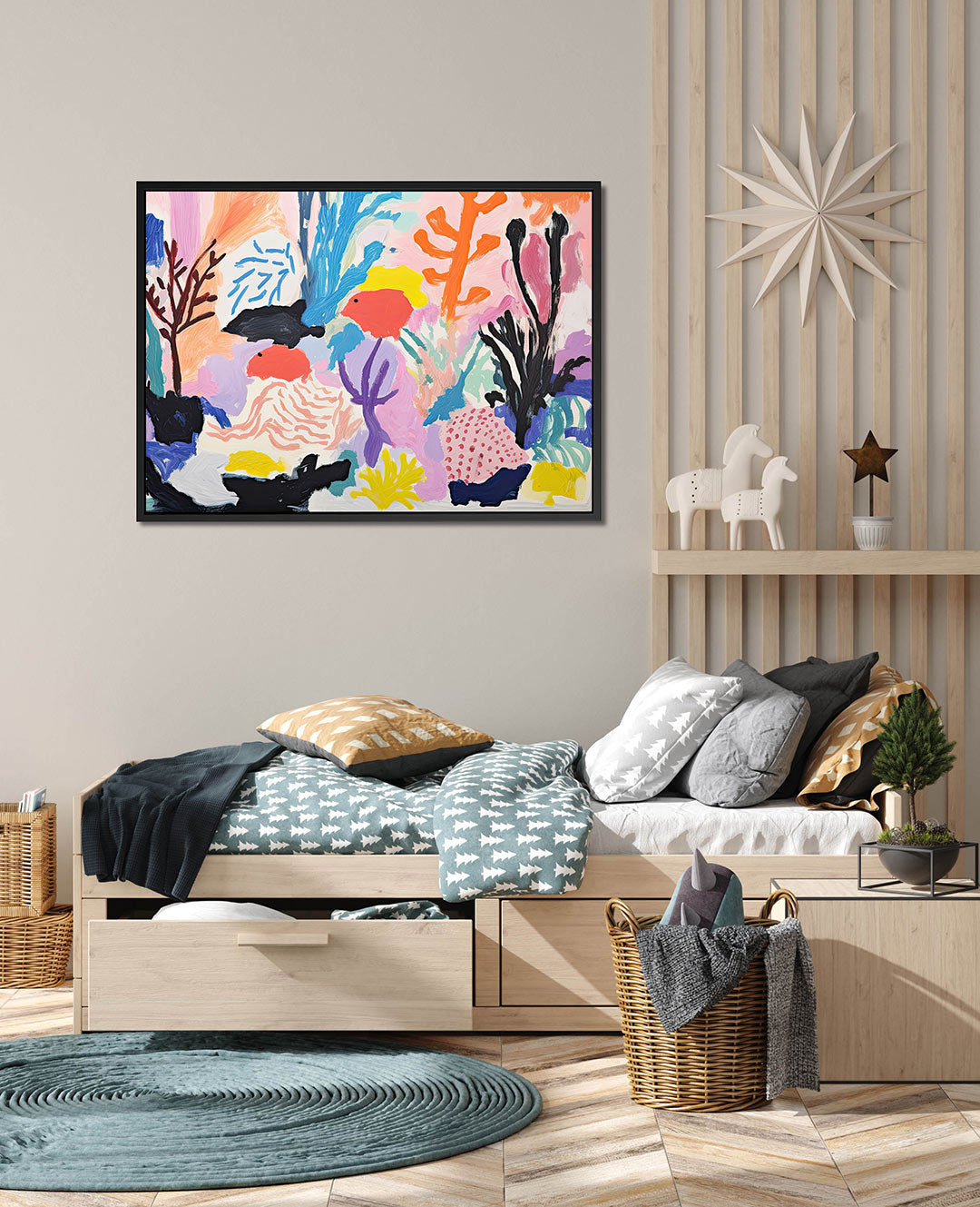Vrolijke kleurenexplosie – wanddecoratie in interieur