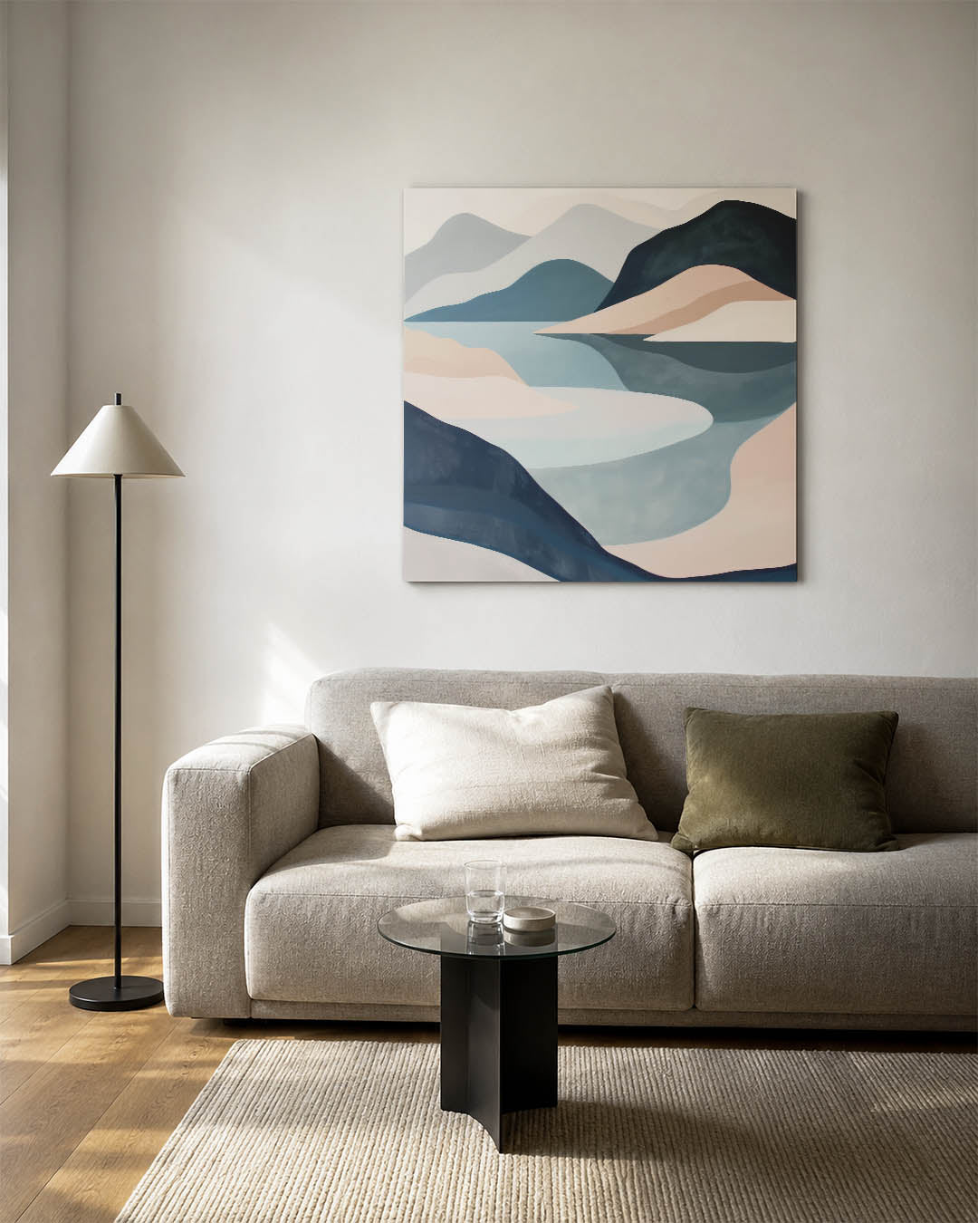 Vloeiende berglandschap kunstwerk – vierkante wanddecoratie – dit werk toont een compositie van vloeiende lijnen en zachte