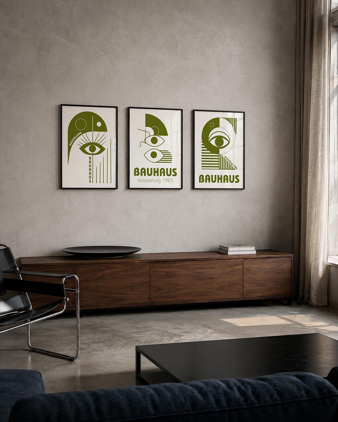 Oog en lijnen posterset – tweede productweergave – een groene compositie met een groot oog centraal, omgeven door strakke