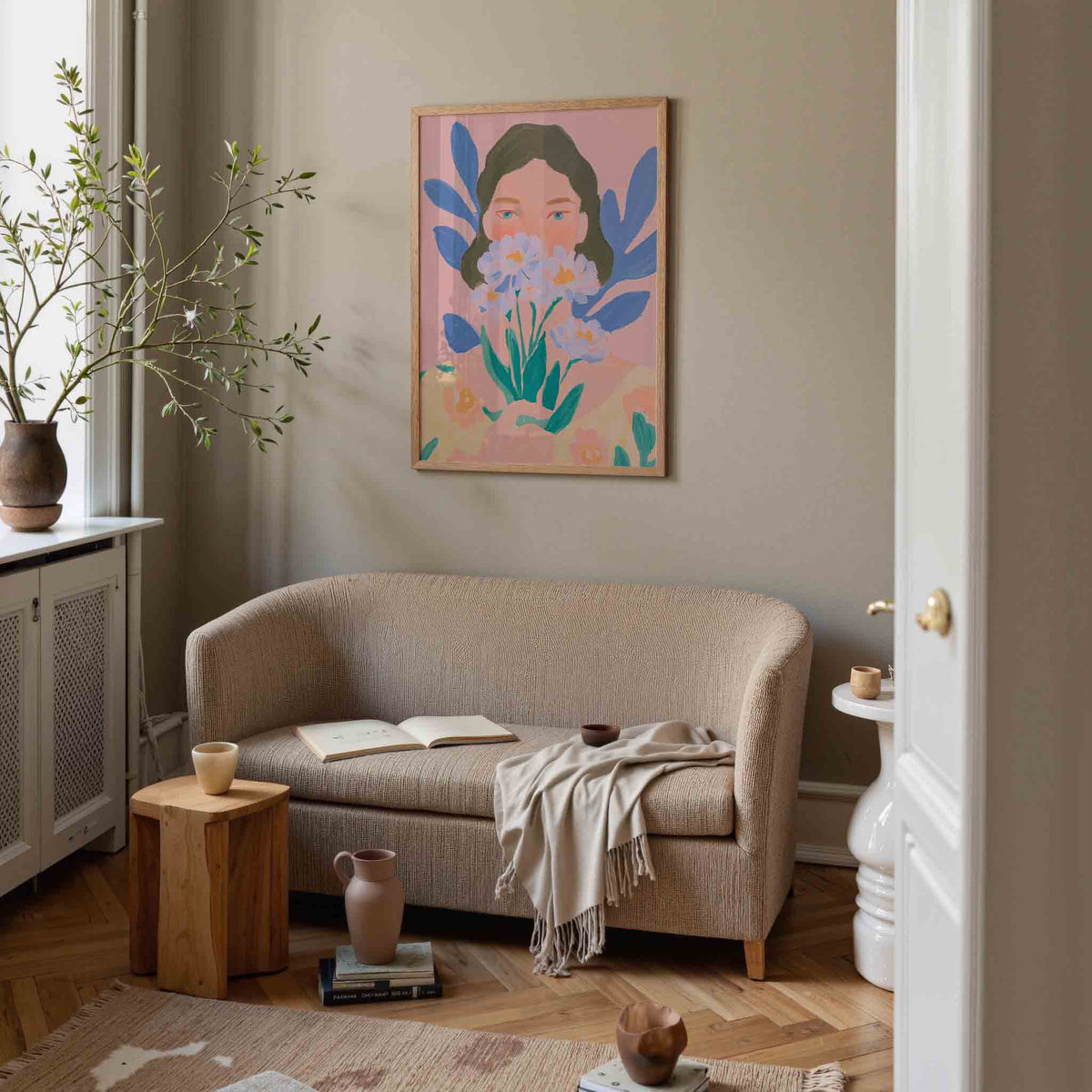 Vrouw met bloemen – pastel poster in staand formaat