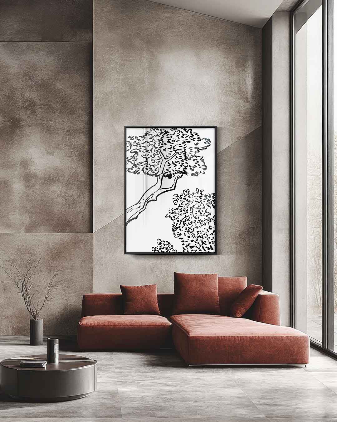 Sierlijk Boomlandschap in Lijnkunst – staande wandkunst voor woonkamer of interieur