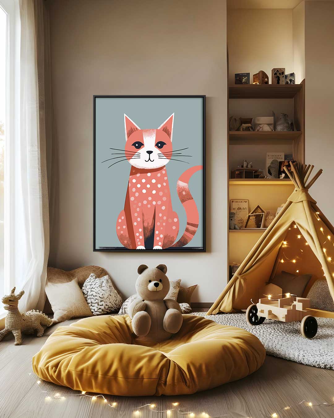 Vrolijke Gestipte Kat – canvas wanddecoratie in portret formaat