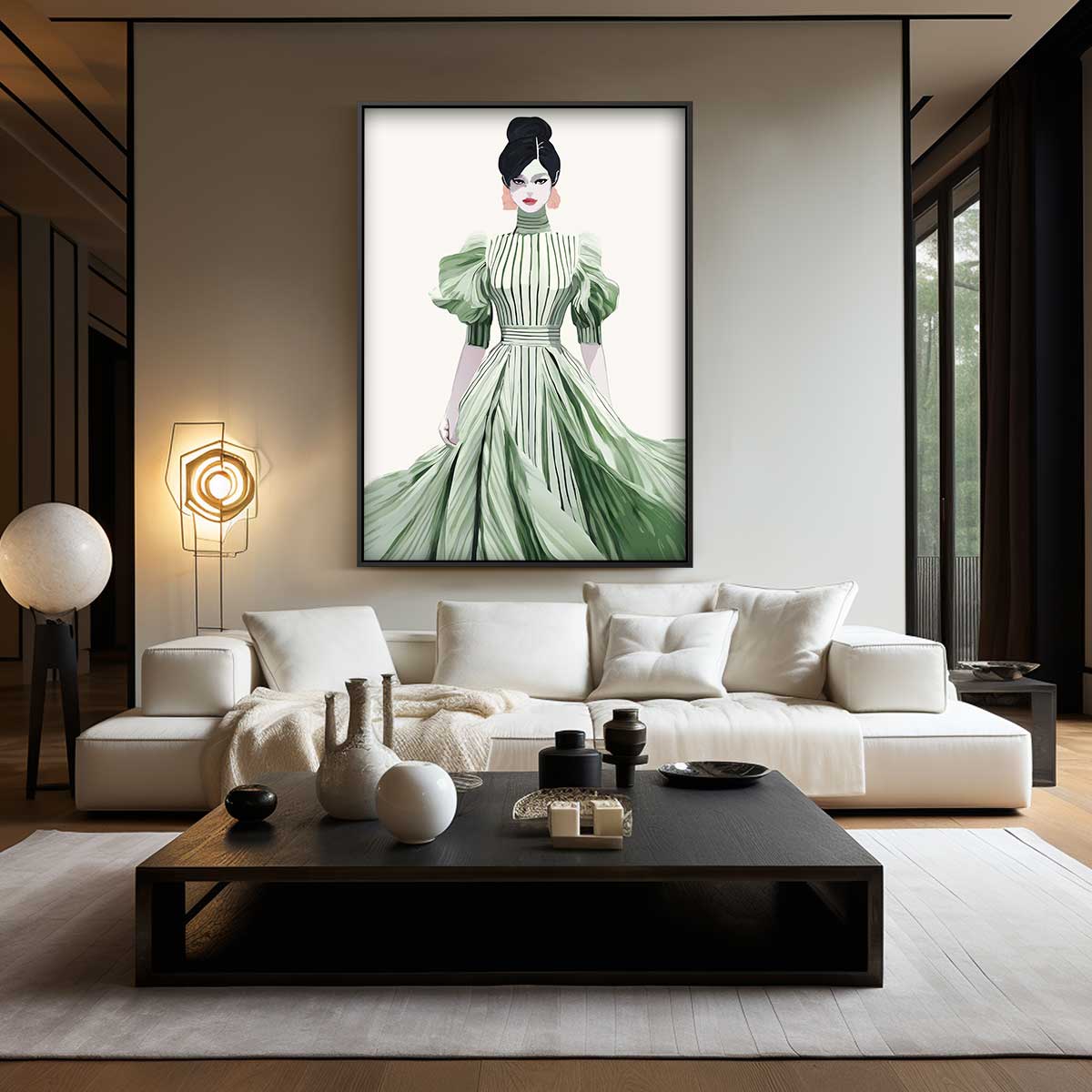 Elegante Mode Illustratie van Vrouw in Groene Jurk – modern portret kunstwerk van WallArtistic