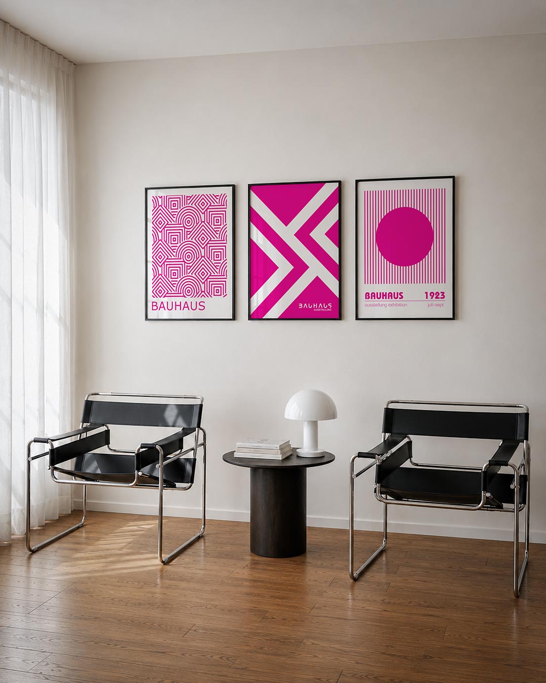 Lijnen en patronen posterset – tweede productweergave – deze posterset in drie delen toont een levendig lijnenspel van roze