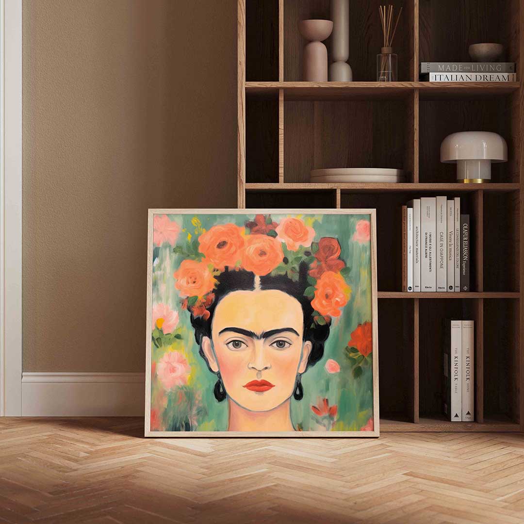 Portret met bloemen – kleurrijke vierkante wanddecoratie van WallArtistic