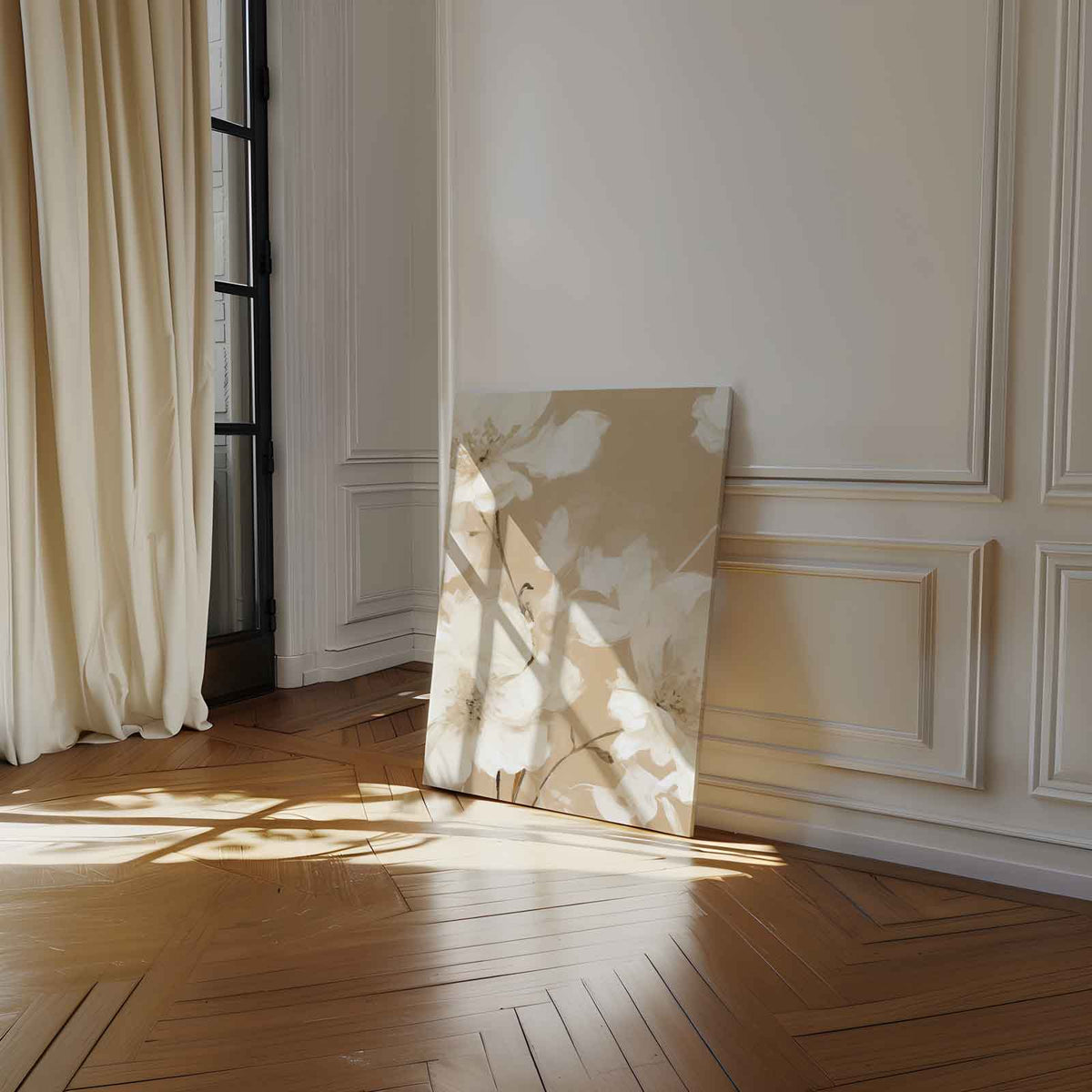 Elegante Bloemen op Beige – canvas wanddecoratie in portret formaat