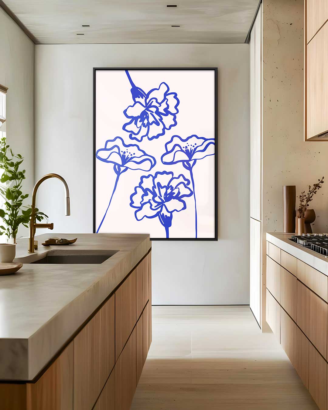 Bloemen in Blauwe Lijnen – staand kunstwerk voor modern interieur