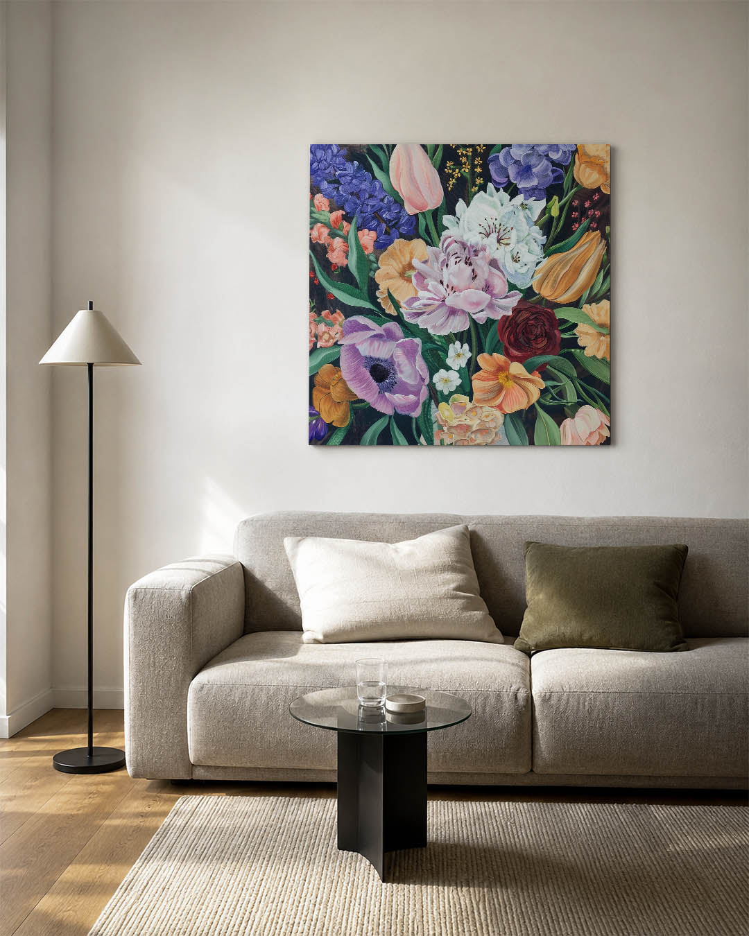 Bloemenexplosie kunstwerk – detailweergave – dit werk toont een levendige verzameling bloemen in diverse kleuren en vormen