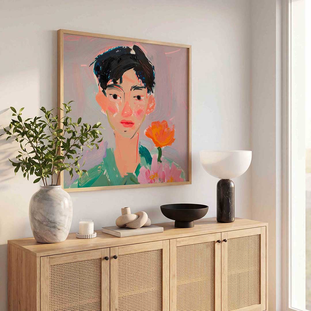Portret met bloemen – illustratie poster in vierkant formaat