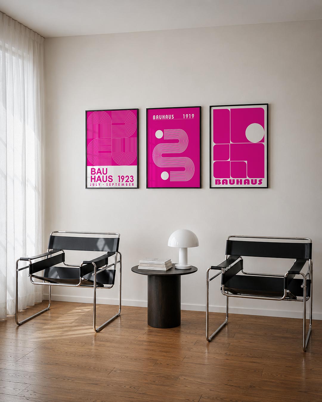 Lijnen en kleurvlakken posterset – tweede productweergave – deze posterset in drie delen toont een levendig spel van roze en
