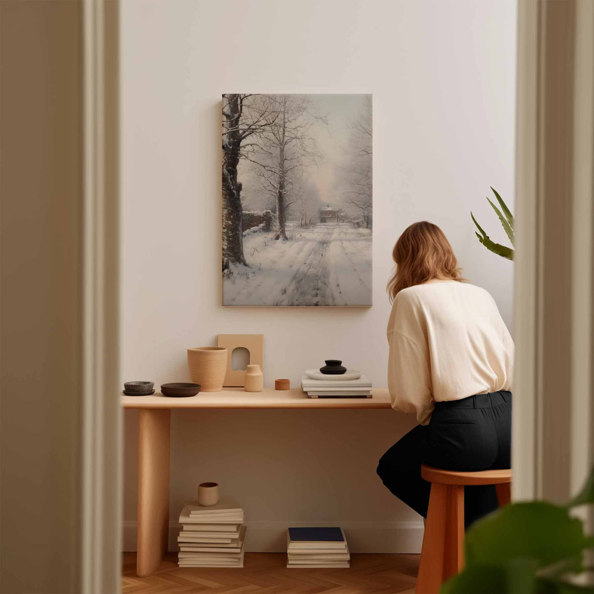 Winterlandschap in Sneeuw – kunstwerk met zwarte baklijst