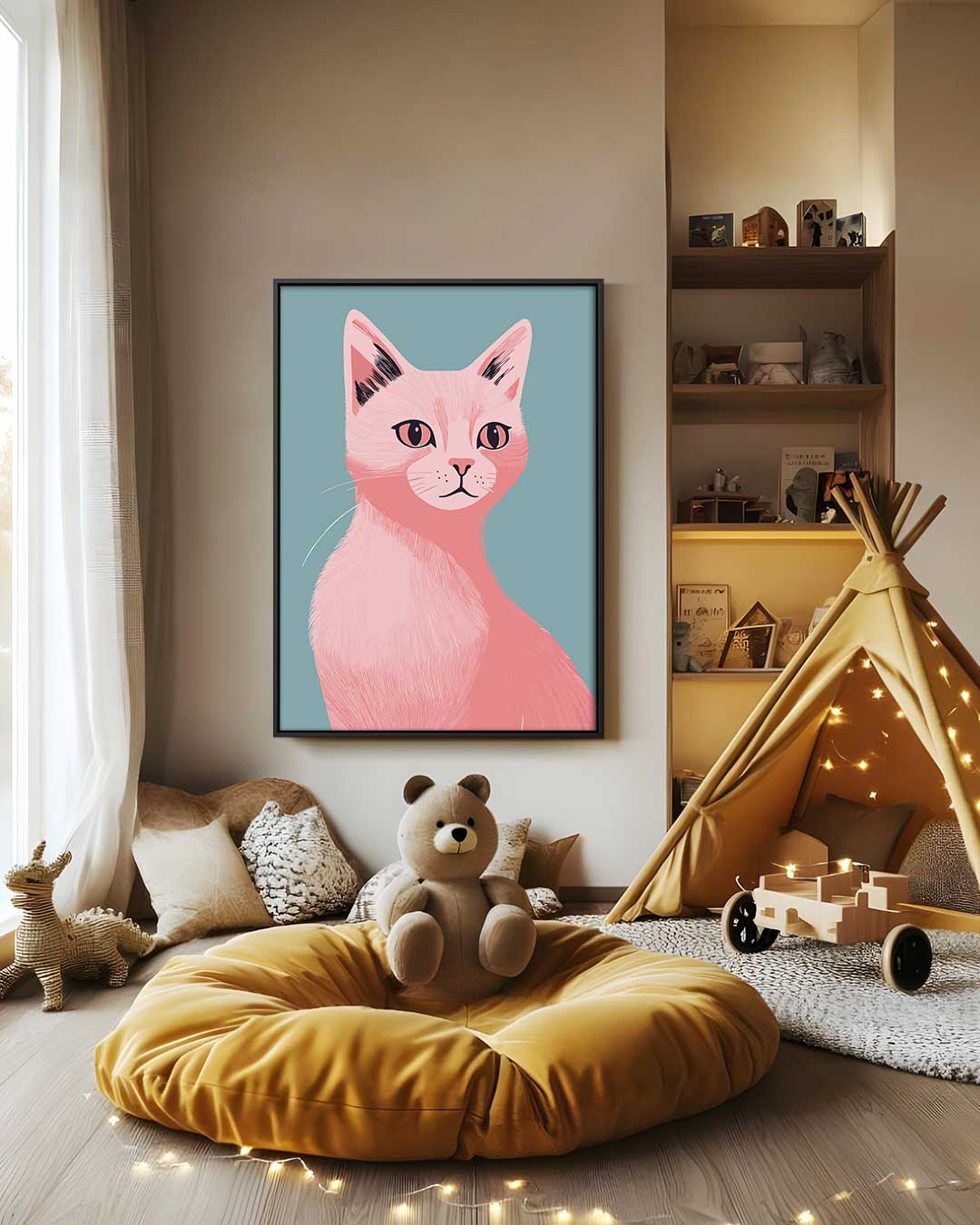 Dromerige Roze Kat – modern portret kunstwerk van WallArtistic
