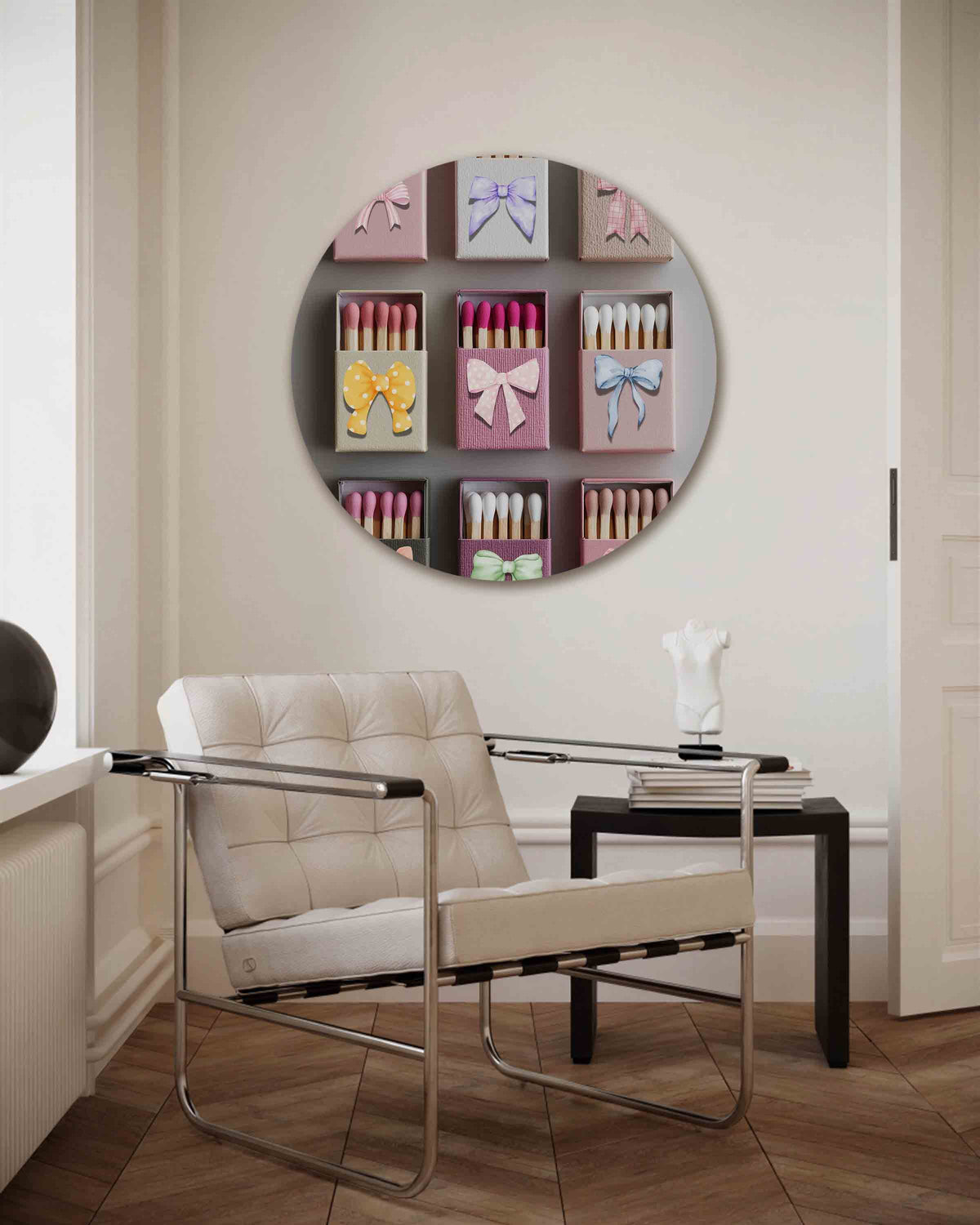 Strikjes en luciferdoosjes – Pop Art muurcirkel als ronde wanddecoratie