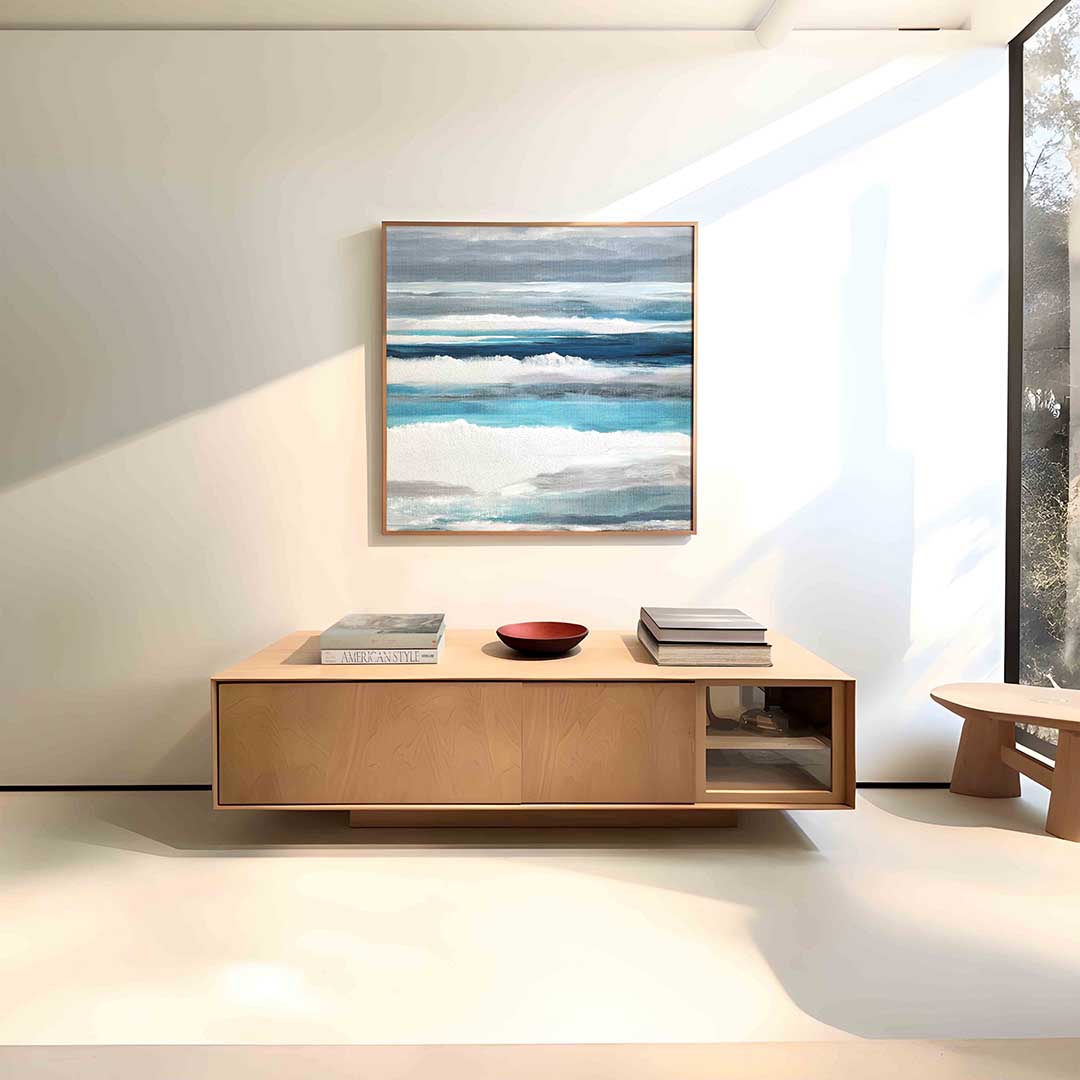 Golvende blauwe lijnen – vierkante abstracte wanddecoratie van WallArtistic