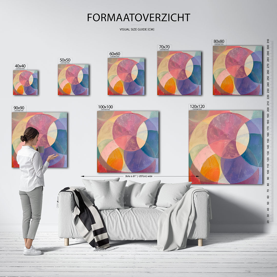 Kleurrijke cirkelvormen kunstwerk – materiaalweergave – dit werk toont een dynamische compositie van overlappende cirkels in