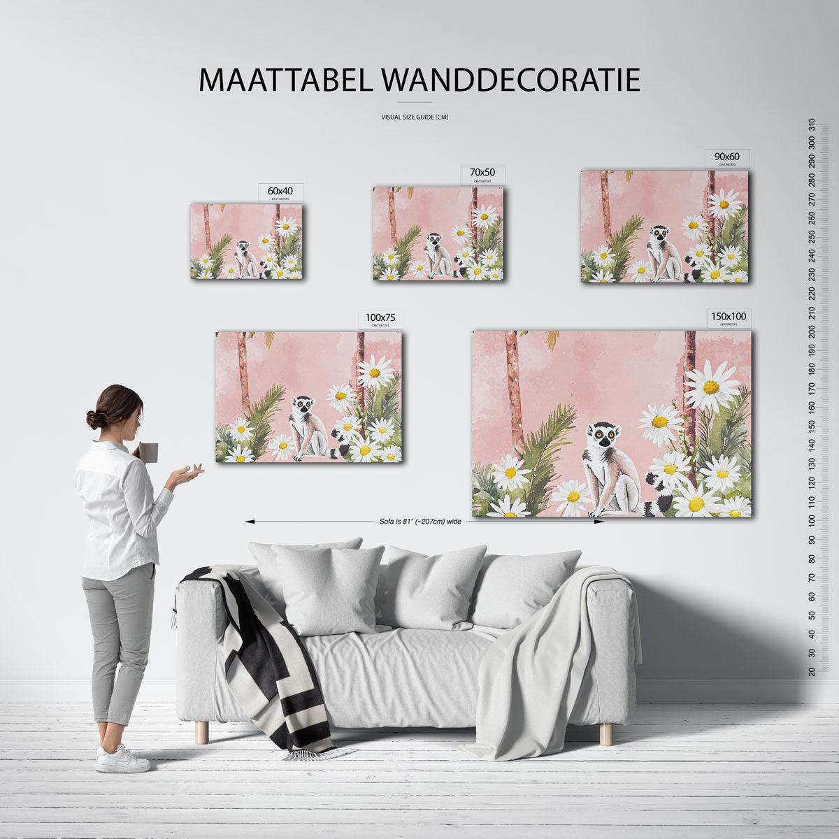 Lemur en bloemen – kunstwerk op canvas, dibond of plexiglas