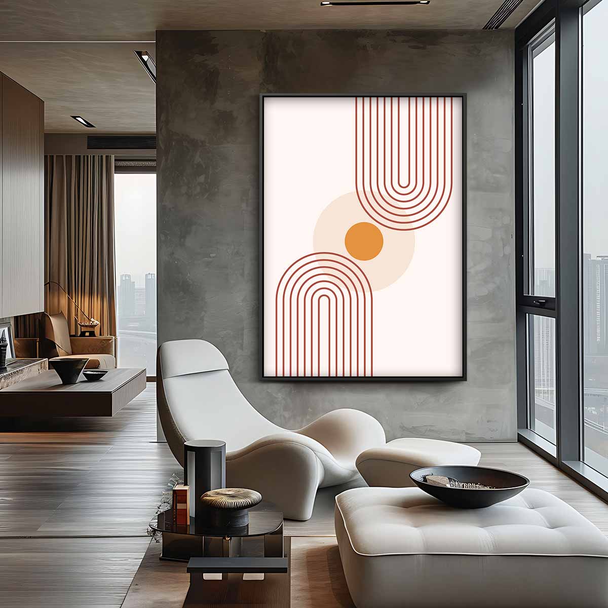 Retro Cirkelpatroon Wanddecoratie – kunstwerk met zwarte baklijst