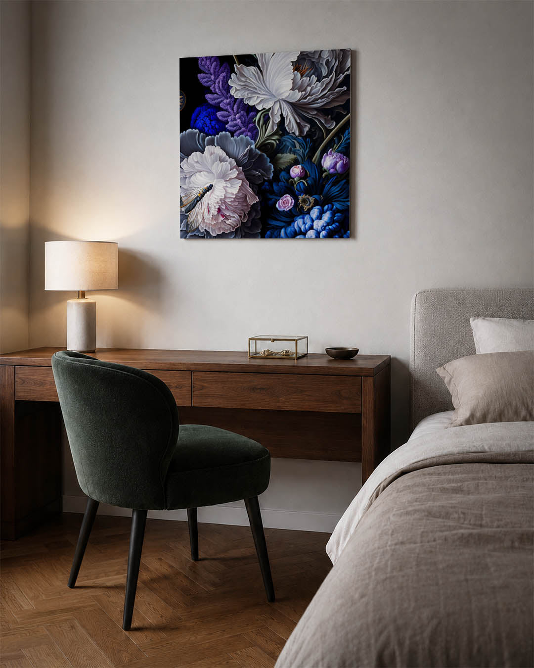 Bloemrijke compositie kunstwerk – materiaalweergave – dit werk toont een weelderige verzameling bloemen in levendige kleuren