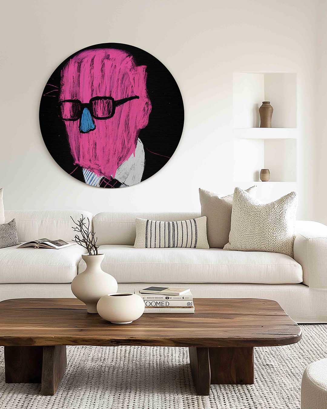 Roze figuur met bril – dierenprint muurcirkel voor aan de muur