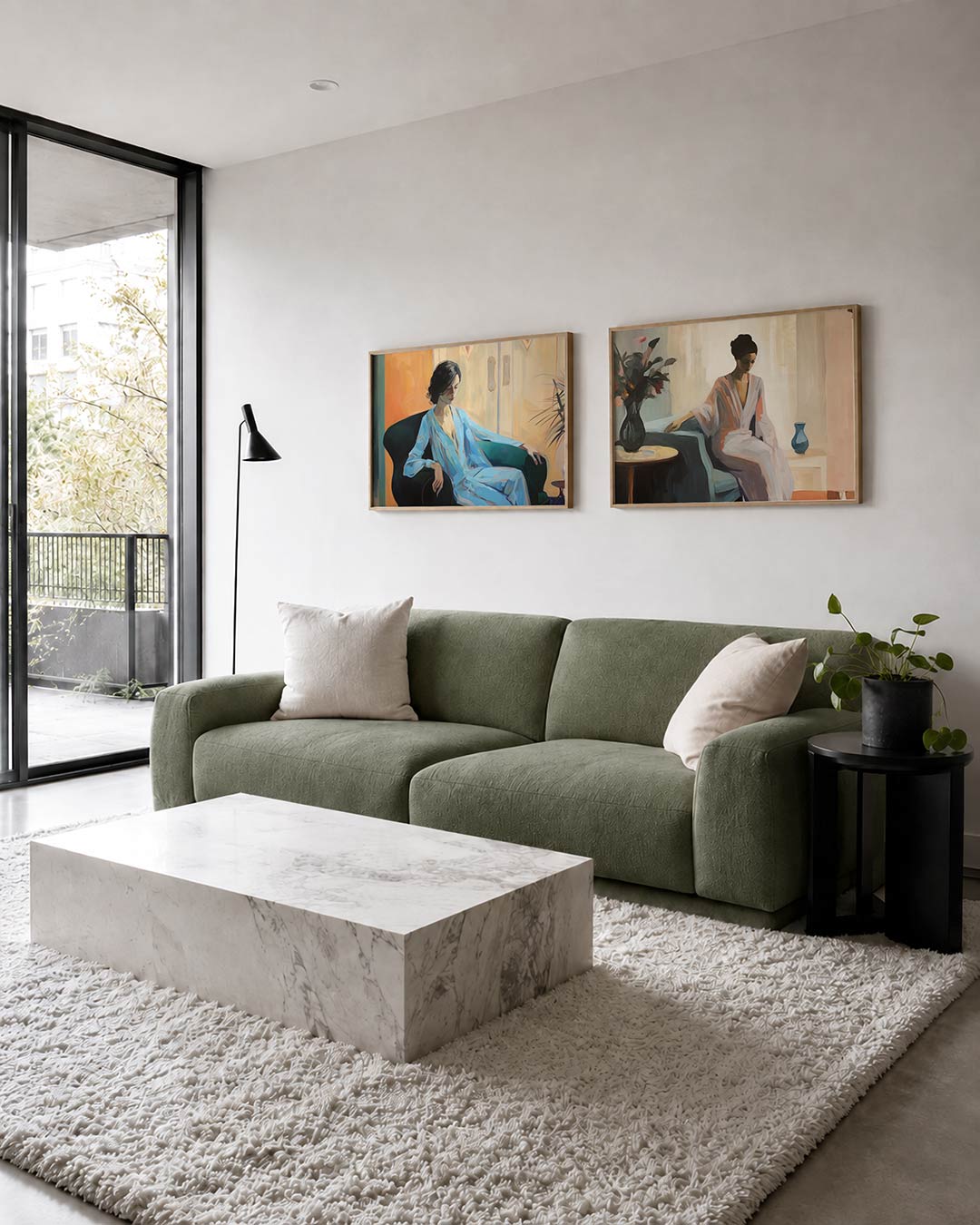 Twee liggende posters met een vrouw in een blauwe outfit in een donkere stoel, aan de muur in een interieur