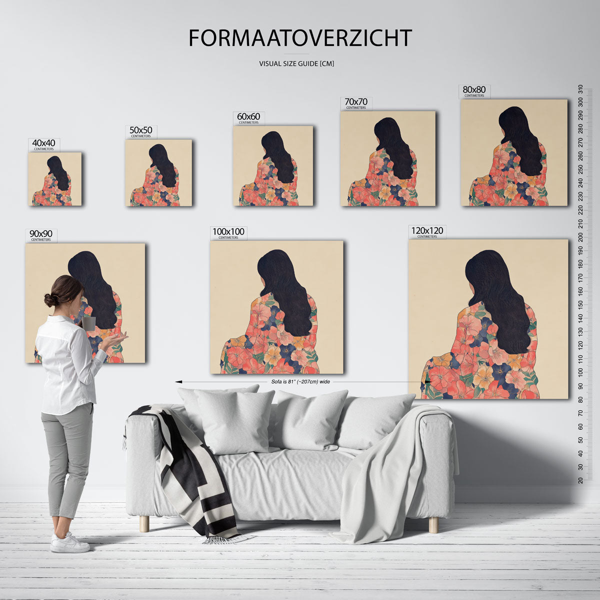 Vrouw met bloemenpatroon – vierkante muurposter voor een modern interieur