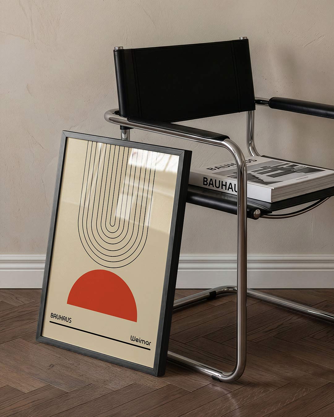 Lijnen en halfrond – staande Bauhaus poster voor aan de muur