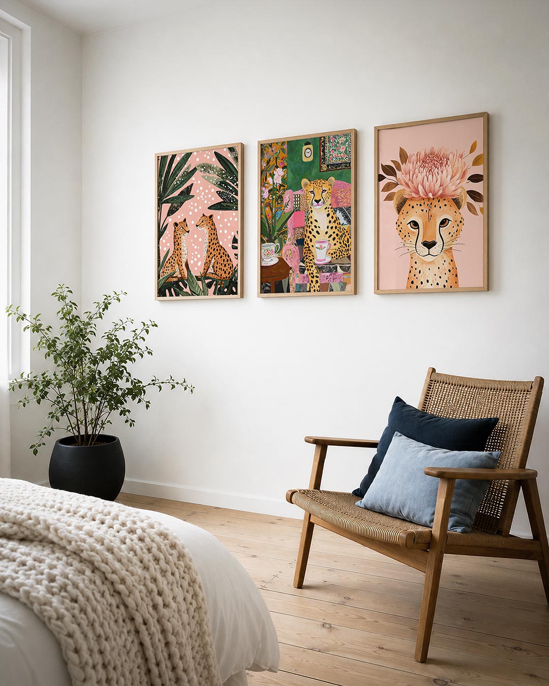 Jungle ontmoeting posterset – derde productweergave – twee luipaarden zitten tegenover elkaar, omringd door grote