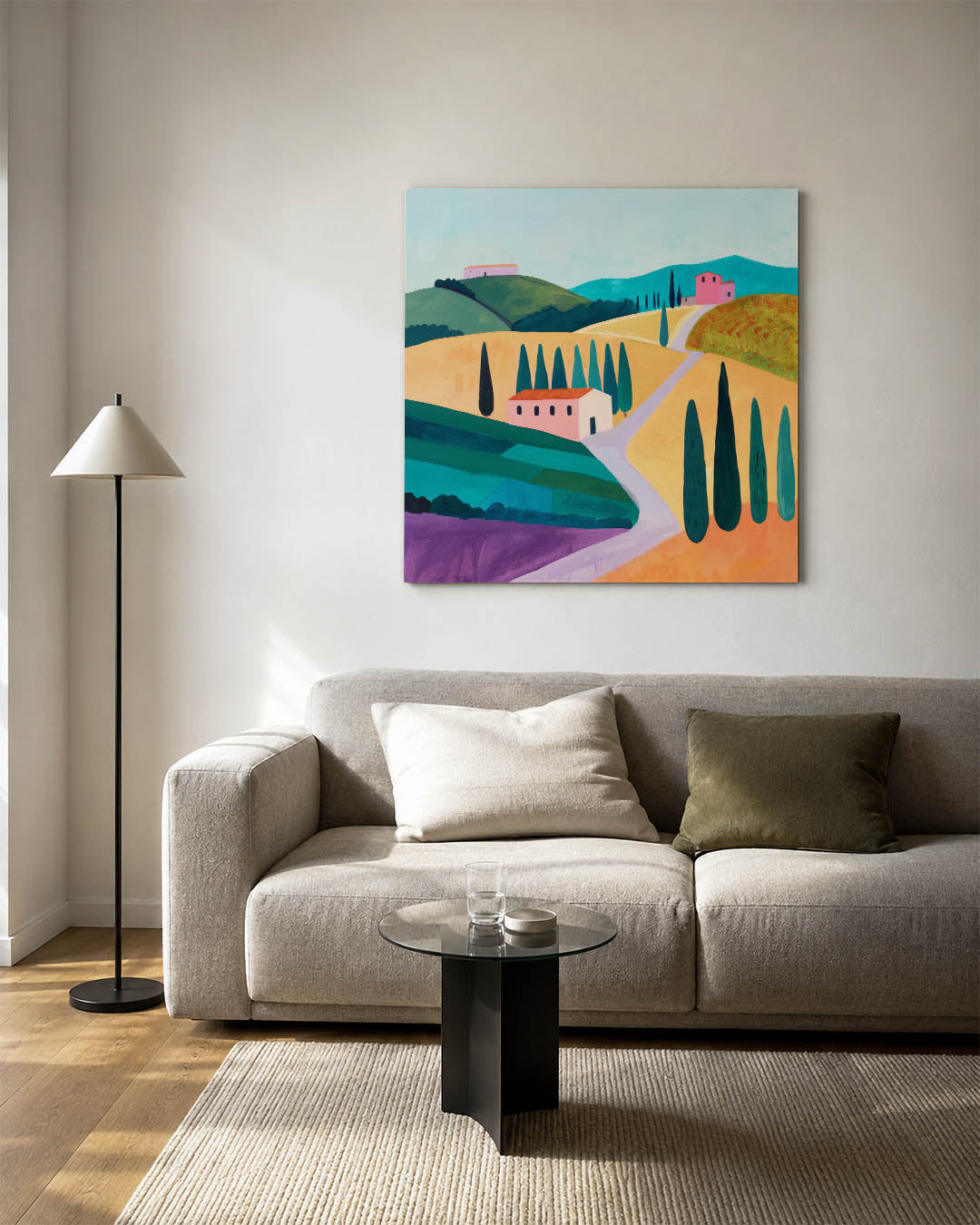 Landschap met heuvels kunstwerk – vierkante wanddecoratie – dit kunstwerk toont een kleurrijk landschap met glooiende heuvels