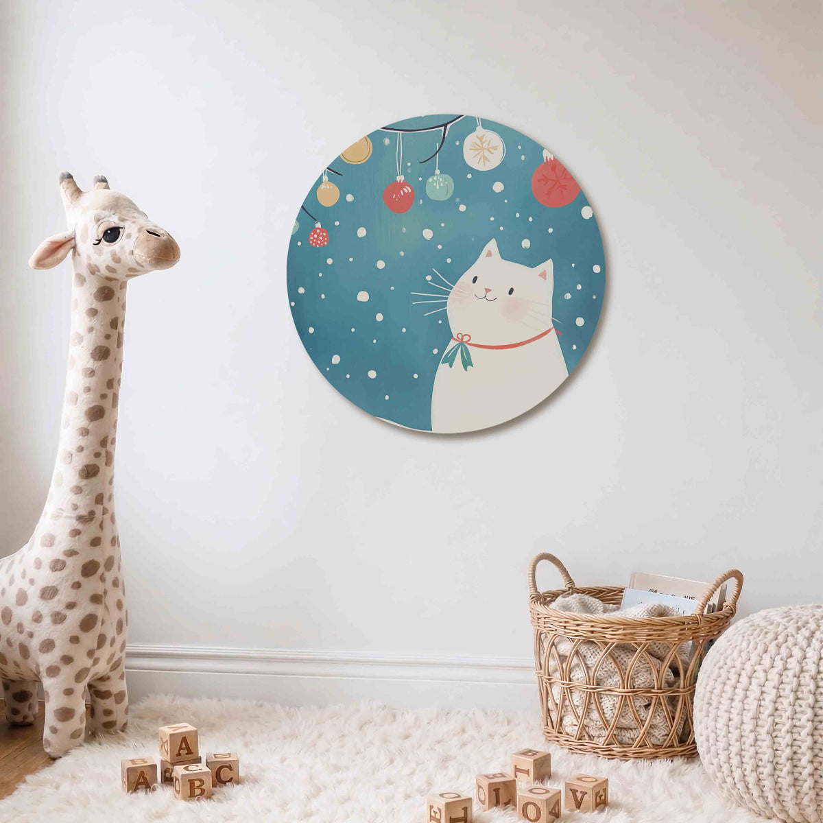 Witte kat met kerstballen Muurcirkel – Een witte kat kijkt omhoog naar kleurrijke kerstballen tegen een blauwe achtergrond.