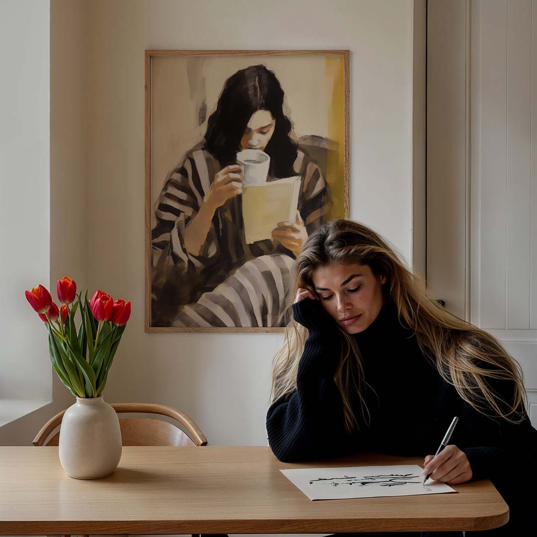 Rustmoment met Koffie en Boek – culinaire wandkunst als portret poster